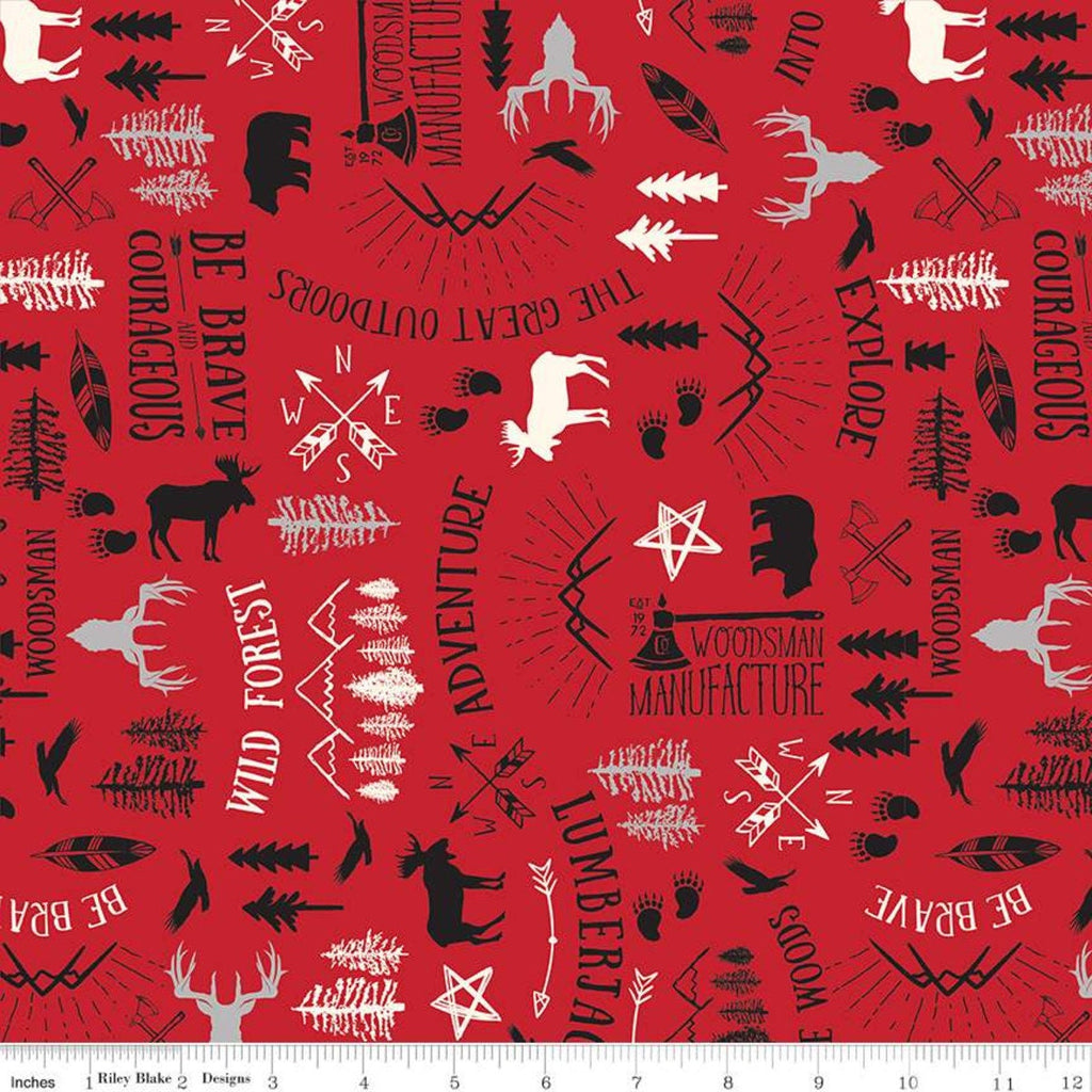 33" End of Bolt Piece - SALE Wild at Heart Main C9820 Red - Riley Blake-Outdoors Forest-Themed Words Animals Trees Birds Cream-Cotton Fabric