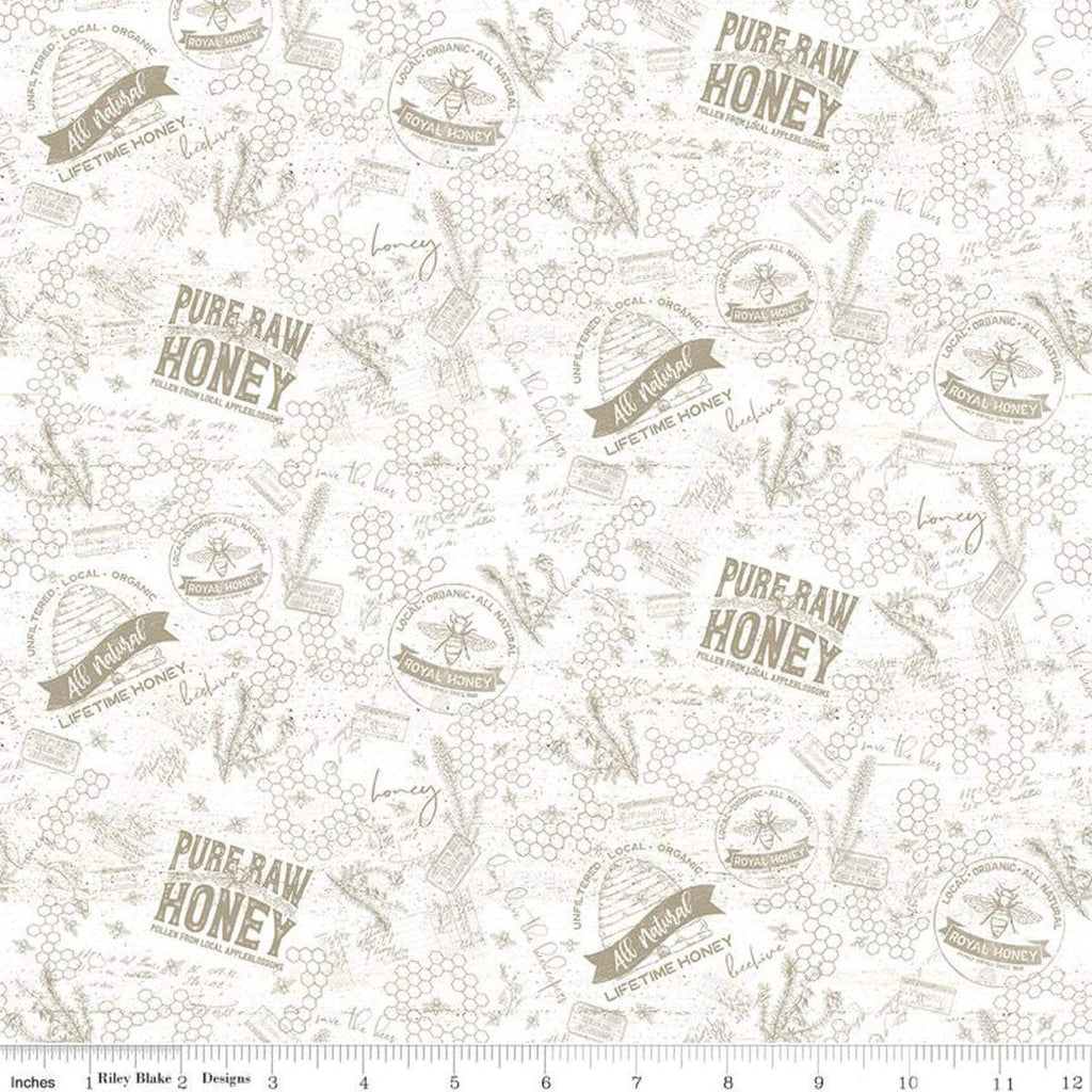 23" end of bolt - Bee's Life Tonal C10102 Parchment - Riley Blake Designs - Off-White Beehives Bees Words Text -  Quilting Cotton Fabric