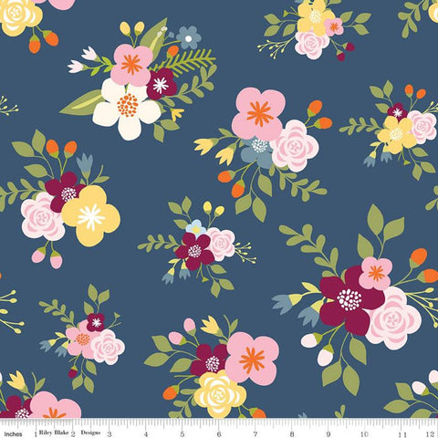 36" End of Bolt - Bloom and Grow Main C10110 Navy - Riley Blake Designs - Floral Flowers Blue -  Quilting Cotton Fabric