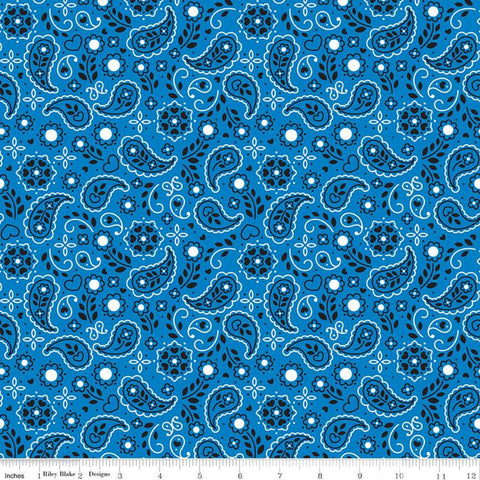 13" End of Bolt - SALE Down on the Farm Bandana C10073 Blue - Riley Blake - Children's White Paisley Hearts Dots - Quilting Cotton Fabric