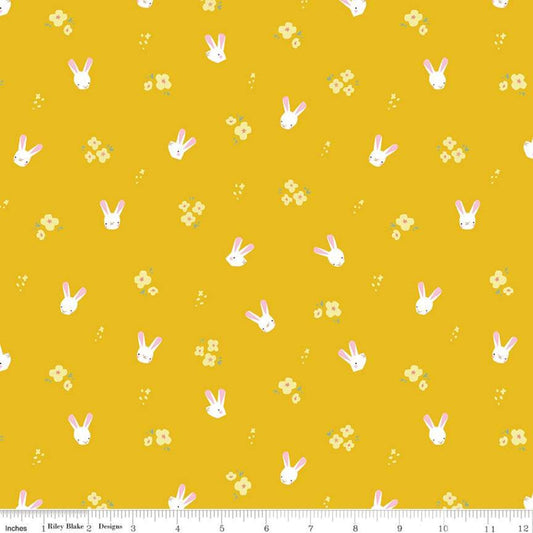 Fat Quarter End of Bolt - CLEARANCE Easter Egg Hunt Bunnies C10273 Mustard - Riley Blake Spring Bunny Yellow Gold  - Quilting Cotton Fabric