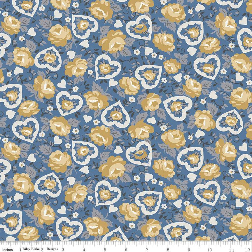 SALE Delightful Hearts C10252 Blue - Riley Blake Designs - Floral Flowers - Quilting Cotton Fabric