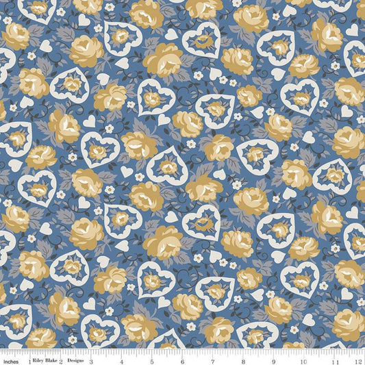 12" End of Bolt - CLEARANCE Delightful Hearts C10252 Blue - Riley Blake Designs - Floral Flowers - Quilting Cotton Fabric