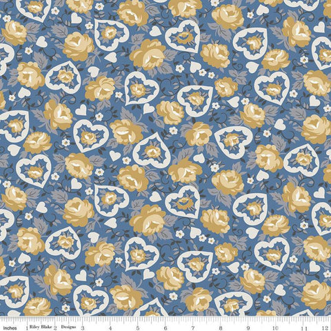 12" End of Bolt - CLEARANCE Delightful Hearts C10252 Blue - Riley Blake Designs - Floral Flowers - Quilting Cotton Fabric