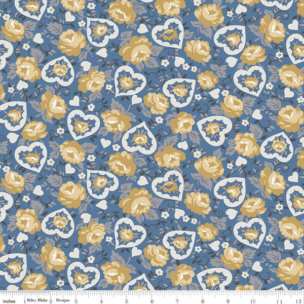 SALE Delightful Hearts C10252 Blue - Riley Blake Designs - Floral Flowers - Quilting Cotton Fabric