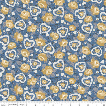 17" End of Bolt - CLEARANCE Delightful Hearts C10252 Blue - Riley Blake Designs - Floral Flowers - Quilting Cotton Fabric
