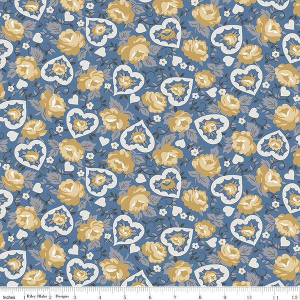 CLEARANCE Delightful Hearts C10252 Blue - Riley Blake Designs - Floral Flowers - Quilting Cotton Fabric