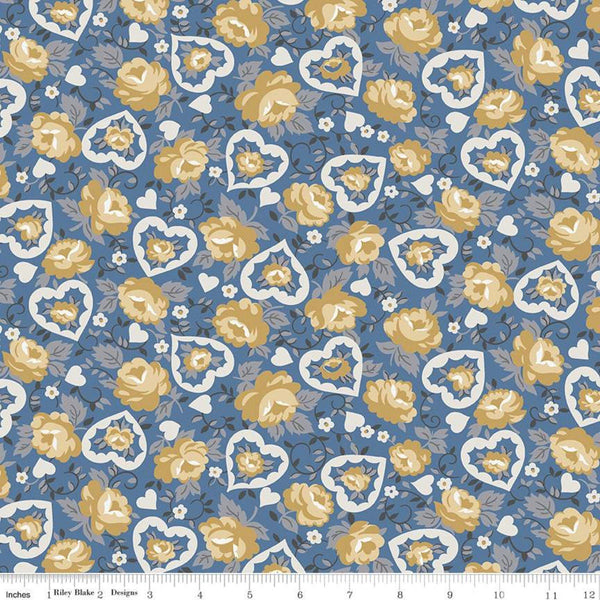 SALE Delightful Hearts C10252 Blue - Riley Blake Designs - Floral Flowers - Quilting Cotton Fabric