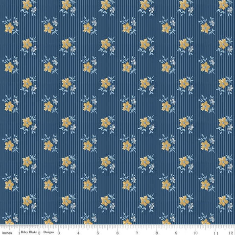 Fat Quarter End of Bolt - SALE Delightful Stripes C10255 Navy - Riley Blake - Floral Flowers on Background Blue - Quilting Cotton Fabric
