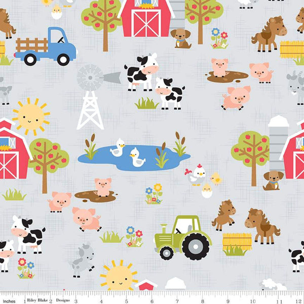 16" End of Bolt - SALE Down on the Farm Main C10070 Gray - Riley Blake - Children's Animals Cows Dogs Tractors  - Quilting Cotton Fabric