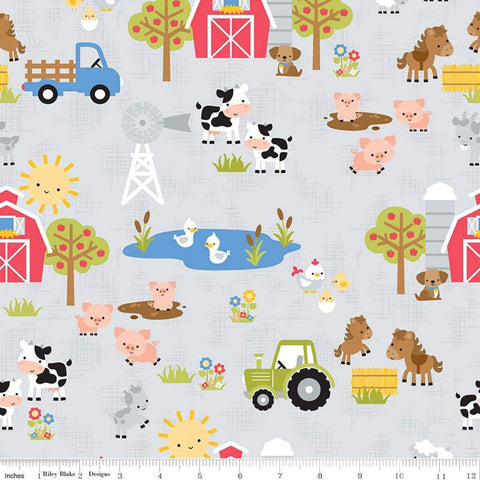 15" End of Bolt - SALE Down on the Farm Main C10070 Gray - Riley Blake - Children's Animals Cows Dogs Tractors  - Quilting Cotton Fabric