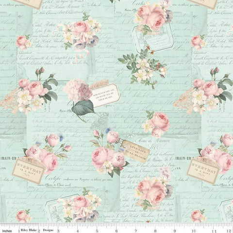 14" End of Bolt - Rose and Violet's Garden Party C10411 Songbird - Riley Blake Designs- Vintage Flowers Text Aqua - Quilting Cotton Fabric