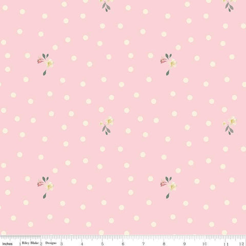 9" End of Bolt - Rose and Violet's Garden Dots C10415 Blush - Riley Blake - 1/4" Polka Dots Flowers Cream Pink - Quilting Cotton Fabric