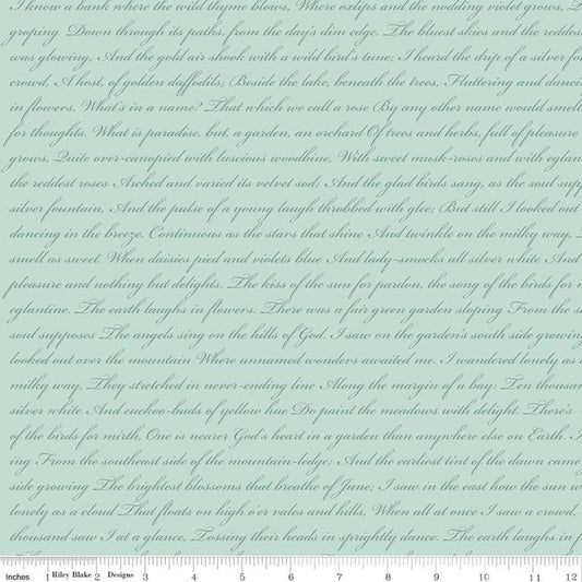 8" End of Bolt - SALE Rose and Violet's Garden Text C10416 Songbird - Riley Blake - Script Words Blue Aqua  - Quilting Cotton Fabric