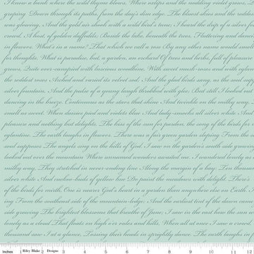 8" End of Bolt - SALE Rose and Violet's Garden Text C10416 Songbird - Riley Blake - Script Words Blue Aqua  - Quilting Cotton Fabric