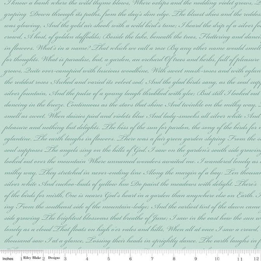 8" End of Bolt - SALE Rose and Violet's Garden Text C10416 Songbird - Riley Blake - Script Words Blue Aqua  - Quilting Cotton Fabric