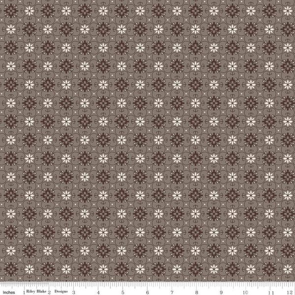 17" End of Bolt - Flea Market Wallpaper C10214 Pebble - Riley Blake -  Flowers Trellis Daisies Brown - Lori Holt  - Quilting Cotton Fabric