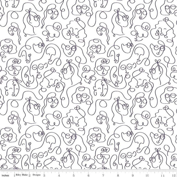 Fat Quarter End of Bolt - SALE Grl Pwr Line Faces C10653 White - Riley Blake -Girl Outlined Faces  White with Black - Quilting Cotton Fabric