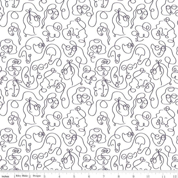 Fat Quarter End of Bolt - SALE Grl Pwr Line Faces C10653 White - Riley Blake -Girl Outlined Faces  White with Black - Quilting Cotton Fabric