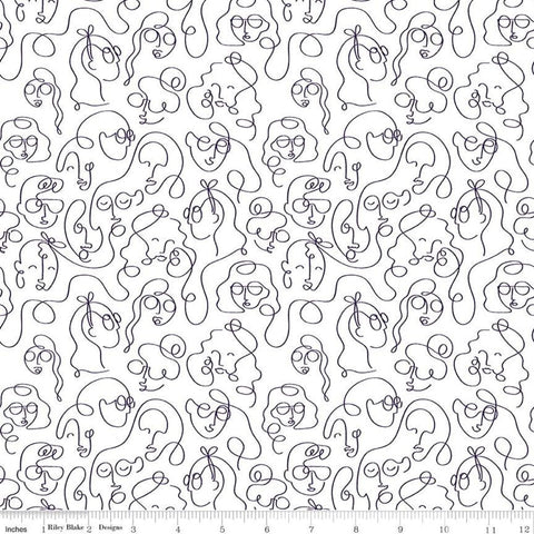 Fat Quarter End of Bolt - SALE Grl Pwr Line Faces C10653 White - Riley Blake -Girl Outlined Faces  White with Black - Quilting Cotton Fabric