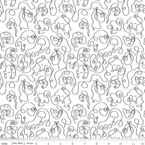 Fat Quarter End of Bolt - SALE Grl Pwr Line Faces C10653 White - Riley Blake -Girl Outlined Faces  White with Black - Quilting Cotton Fabric