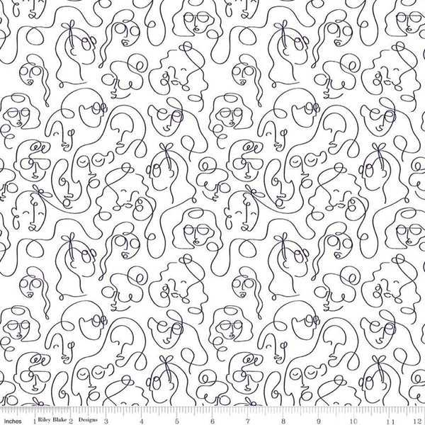 SALE Grl Pwr Line Faces C10653 White - Riley Blake Designs - Girl Power Outlined Faces Heads White with Black - Quilting Cotton Fabric