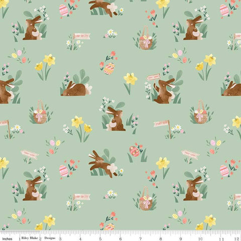 Fat Quarter End of Bolt - SALE Easter Egg Hunt Main C10270 Mint - Riley Blake - Spring Bunnies Flowers Eggs Green -  Quilting Cotton Fabric