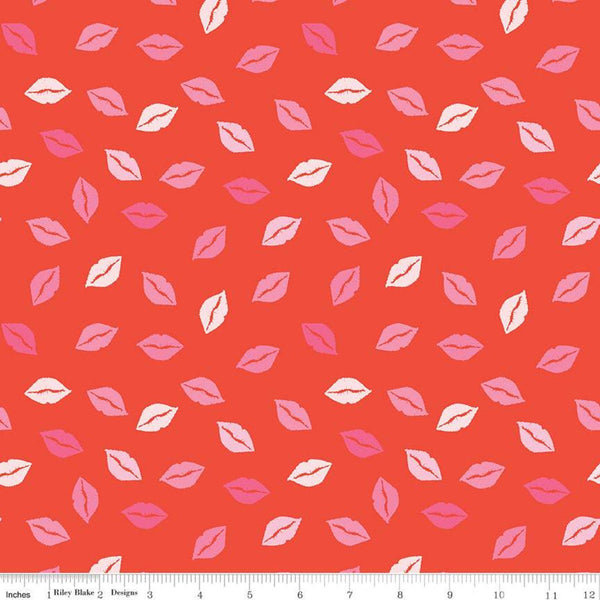 14" End of Bolt - CLEARANCE Sending Love Kisses C10084 Red - Riley Blake Designs - Valentine's Pink Lips on Red - Quilting Cotton Fabric