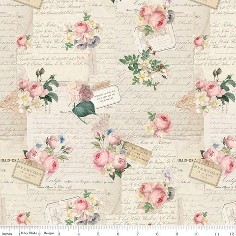 22" End of Bolt - Rose and Violet's Garden Party C10411 Parchment  - Riley Blake Designs - Floral Flower Vintage - Quilting Cotton Fabric