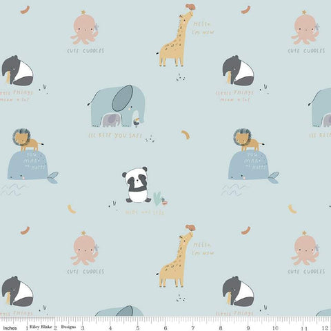 Fat Half End of Bolt - SALE Cuddles K10435 Blue KNIT - Riley Blake - Children's Panda Giraffe Lion Elephant - Jersey cotton stretch fabric