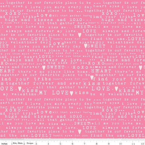 Fat Quarter End of Bolt Piece - SALE Sending Love Text C10081 Pink - Riley Blake - Valentine's Words Love Hearts - Quilting Cotton Fabric