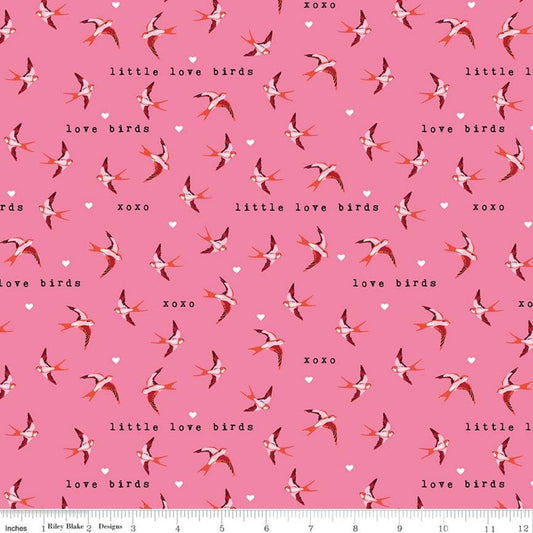 19" End of Bolt - CLEARANCE Sending Love Birds C10083 Pink - Riley Blake - Valentine's Little Love Birds Hearts Text - Quilting Cotton