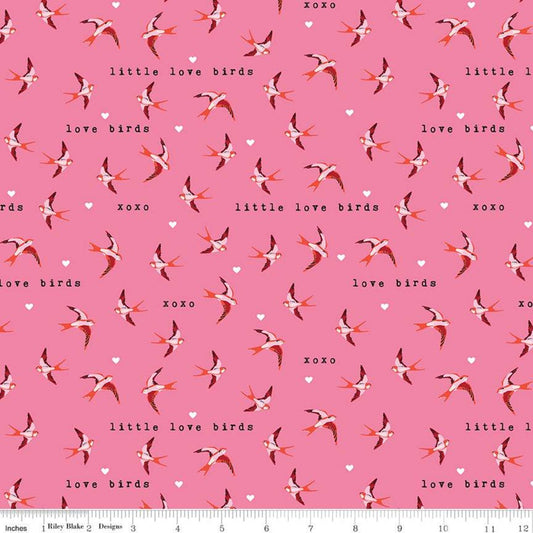 19" End of Bolt - CLEARANCE Sending Love Birds C10083 Pink - Riley Blake - Valentine's Little Love Birds Hearts Text - Quilting Cotton