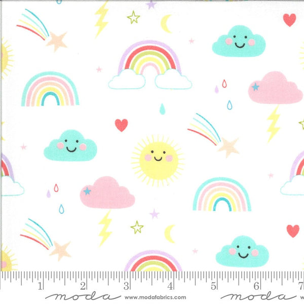 CLEARANCE 13" End of Bolt Hello Sunshine Rainbows 35350 White - Moda Fabrics - Children's Clouds Sun Raindrop Stars - Quilting Cotton Fabric