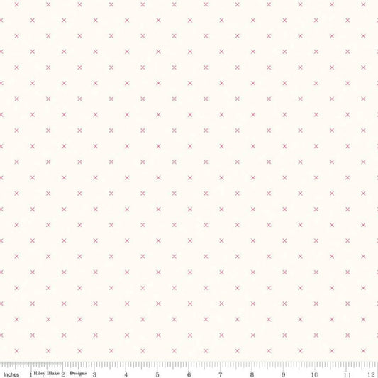 Bee Cross Stitch on Cloud C747 Tea Rose - Riley Blake Designs -  Pink Xs on Off-White Geometric - Lori Holt - Quilting Cotton Fabric