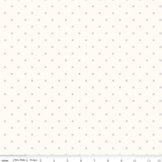 27" End of Bolt - Bee Cross Stitch on Cloud C747 Plum - Riley Blake -  Purple Xs on Off-White Geometric - Lori Holt - Quilting Cotton Fabric