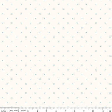 29" End of Bolt - Bee Cross Stitch on Cloud C747 Cottage - Riley Blake - Aqua Blue Xs on Off-White - Lori Holt - Quilting Cotton Fabric