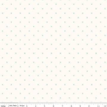 24" End of Bolt - Bee Cross Stitch on Cloud C747 Cottage - Riley Blake -  Aqua Blue Xs on Off-White - Lori Holt - Quilting Cotton Fabric