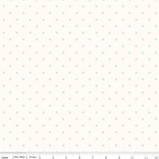 24" End of Bolt - Bee Cross Stitch on Cloud C747 Cottage - Riley Blake -  Aqua Blue Xs on Off-White - Lori Holt - Quilting Cotton Fabric
