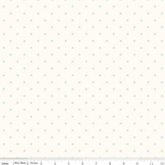 Fat Quarter End of Bolt -Bee Cross Stitch on Cloud C747 Cottage - Riley Blake -  Aqua Blue Xs on Off-White-Lori Holt  Quilting Cotton Fabric