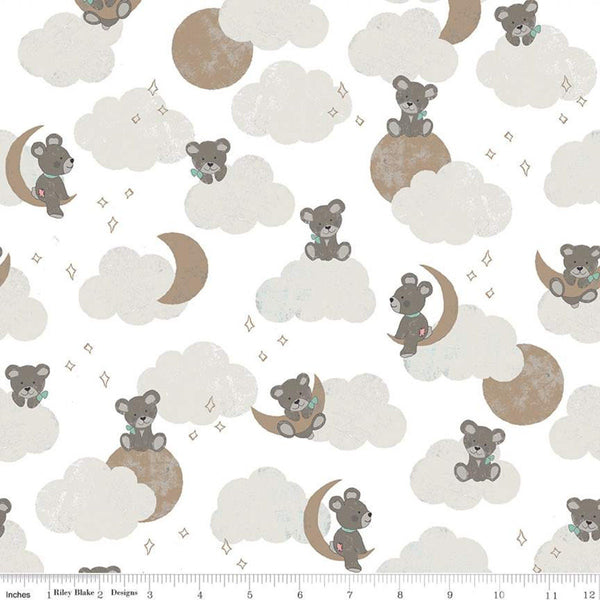 CLEARANCE 23" End of Bolt - Sleep Tight Main SC10260 White SPARKLE - Riley Blake - Teddy Bears Moon SPARKLE - Quilting Cotton Fabric
