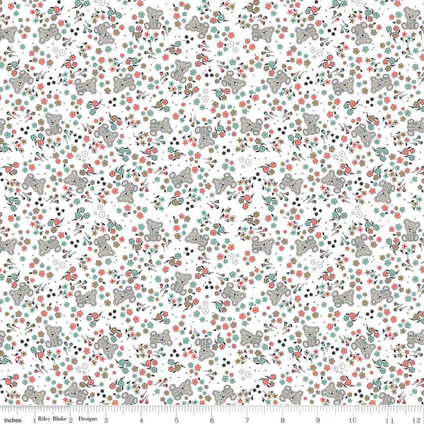 27" End of Bolt - CLEARANCE Sleep Tight Garden SC10262 White SPARKLE - Riley Blake - Floral Teddy Bears SPARKLE Green - Quilting Cotton