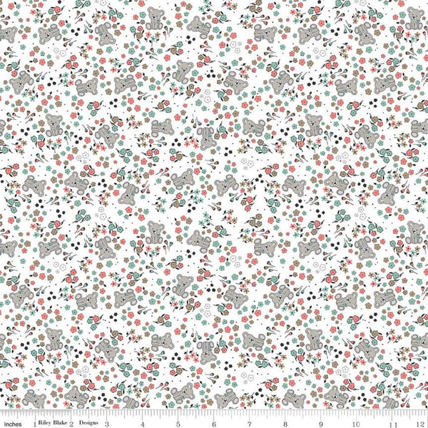 27" End of Bolt - CLEARANCE Sleep Tight Garden SC10262 White SPARKLE - Riley Blake - Floral Teddy Bears SPARKLE Green - Quilting Cotton