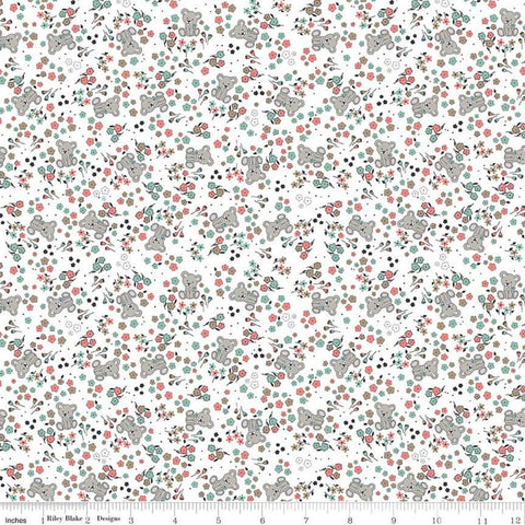 27" End of Bolt - CLEARANCE Sleep Tight Garden SC10262 White SPARKLE - Riley Blake - Floral Teddy Bears SPARKLE Green - Quilting Cotton