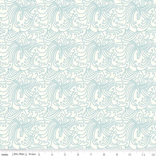 34" End of Bolt - Riptide Gnarly Waves C10302 Cream  - Riley Blake Designs - Swirly Lines Swirls Blue on Cream - Quilting Cotton Fabric