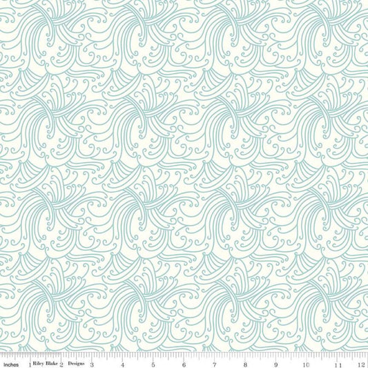 12" End of Bolt - Riptide Gnarly Waves C10302 Cream  - Riley Blake Designs - Swirly Lines Swirls Blue on Cream - Quilting Cotton Fabric