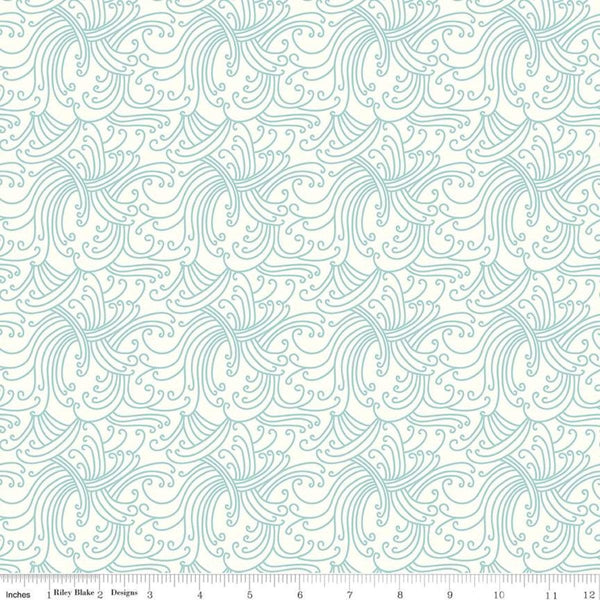 Riptide Gnarly Waves C10302 Cream  - Riley Blake Designs - Swirly Lines Swirls Blue on Cream - Quilting Cotton Fabric