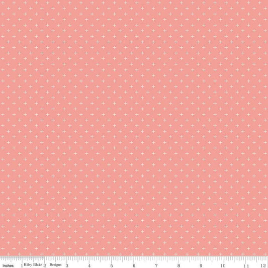 DEAL Gingham Gardens Plus C10357 Coral - Riley Blake Designs - Geometric Cream Plus Signs on Orange Pink - Quilting Cotton Fabric