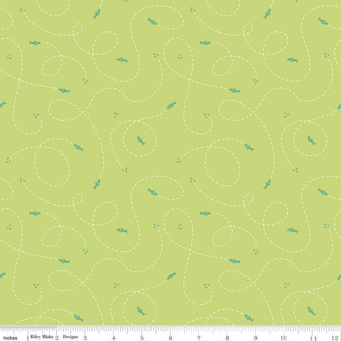 SALE Riptide Hunt C10305 Lime  - Riley Blake Designs - Ocean Sea Sharks Dashed Lines Curls Loops Green - Quilting Cotton Fabric