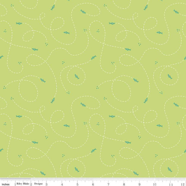 SALE Riptide Hunt C10305 Lime  - Riley Blake Designs - Ocean Sea Sharks Dashed Lines Curls Loops Green - Quilting Cotton Fabric